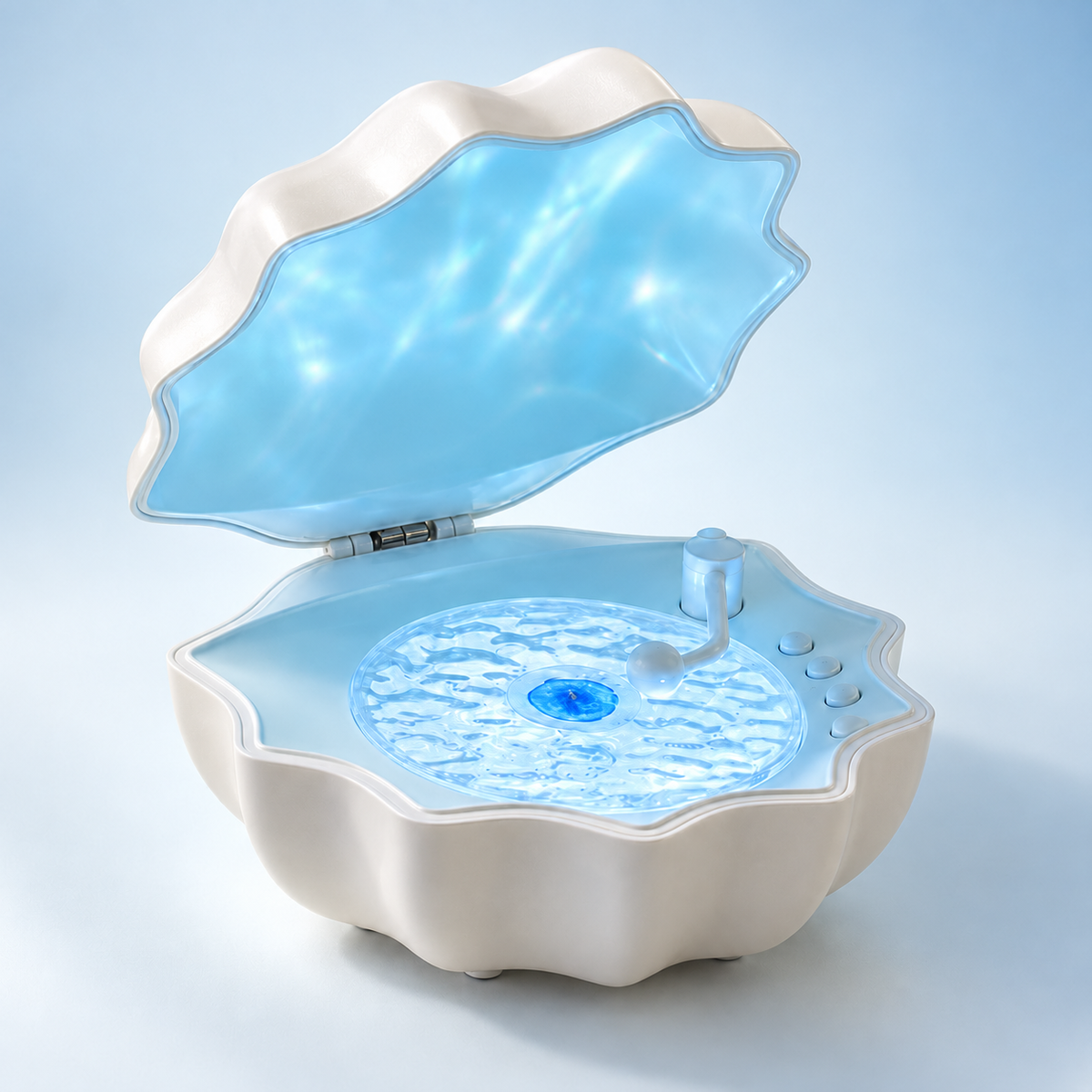 Shell Wave speaker with blue interior, studio product visualization