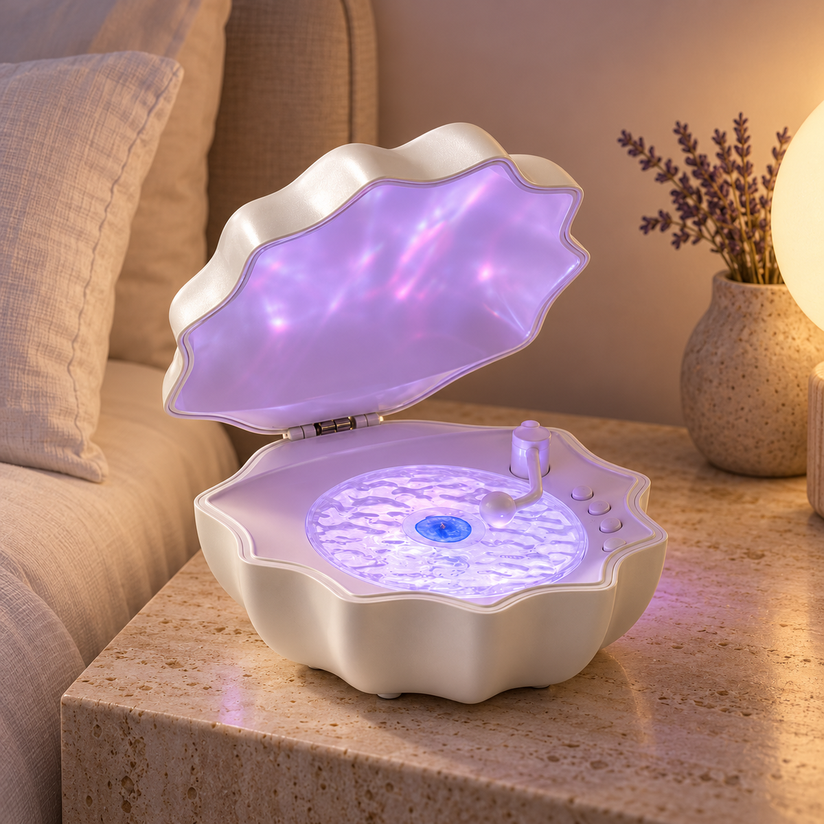 Shell Wave speaker on a bedside table, styled product visualization